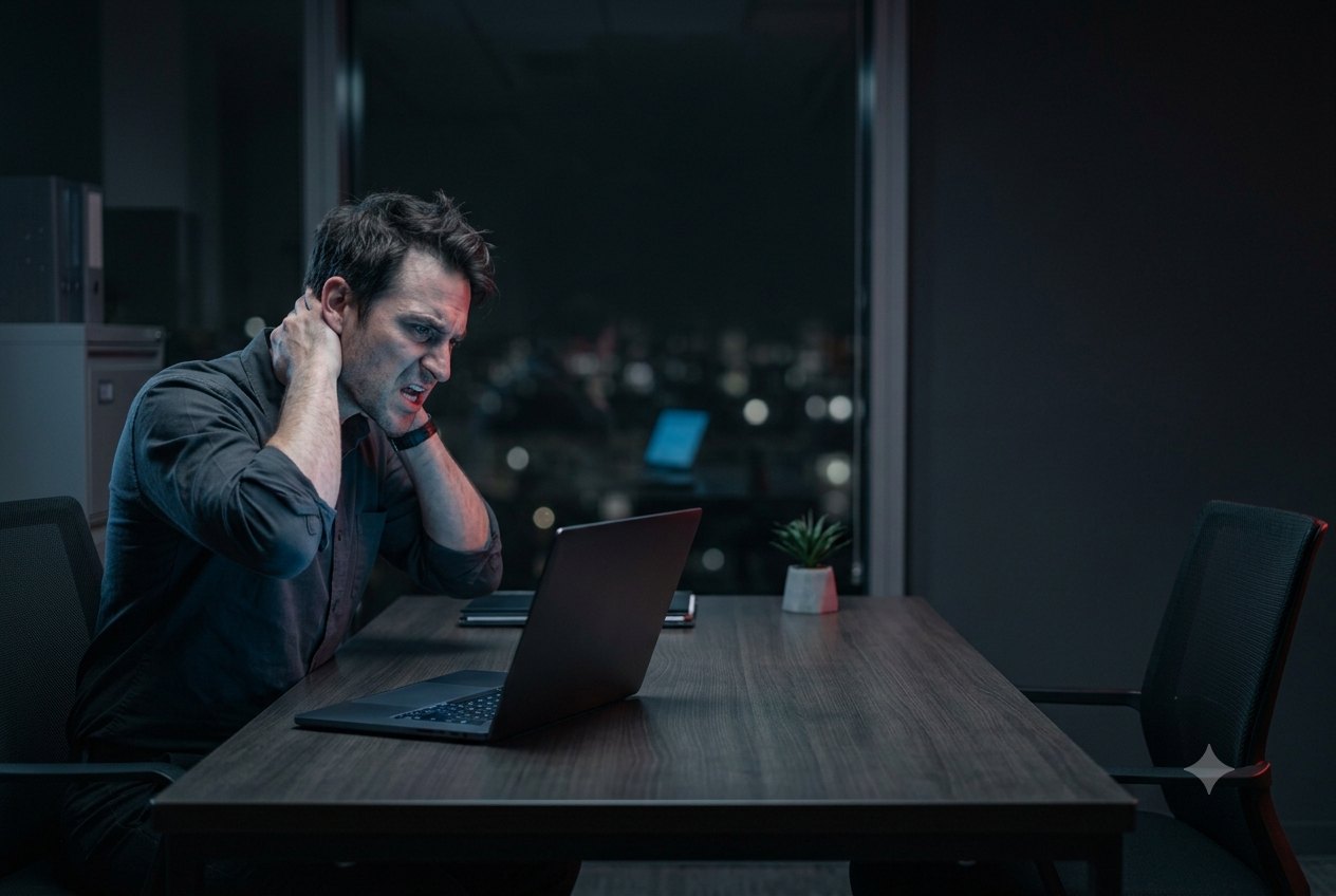 Hombre solo, de noche en una oficina oscura, gesticulando con frustración frente a la pantalla de su laptop tras creer que un contrato de alquiler de gas le robó los fondos